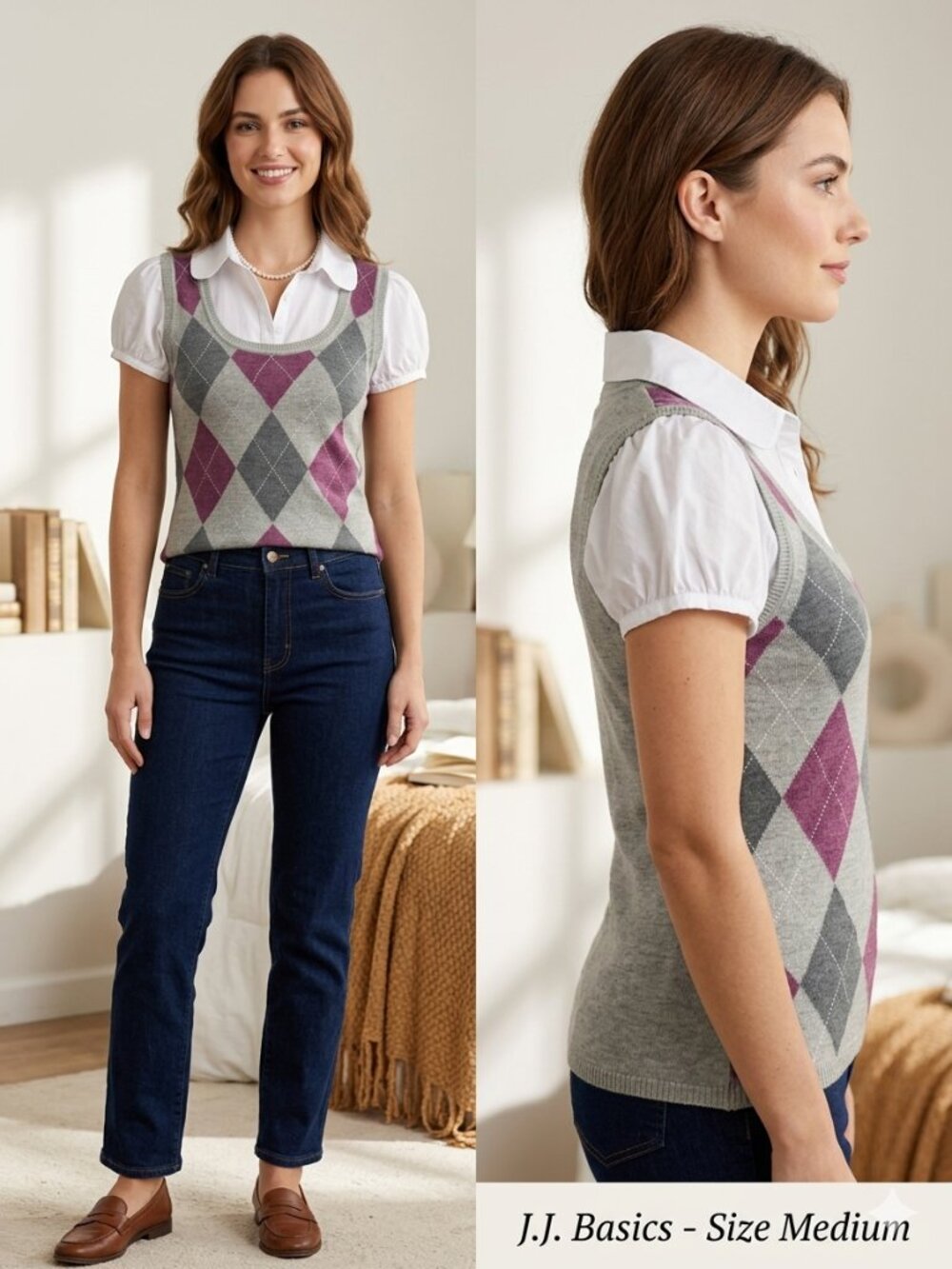 J.J. Basics Y2K Argyle Sweater Vest Layered Blouse Purple Gray Women’s Medium
